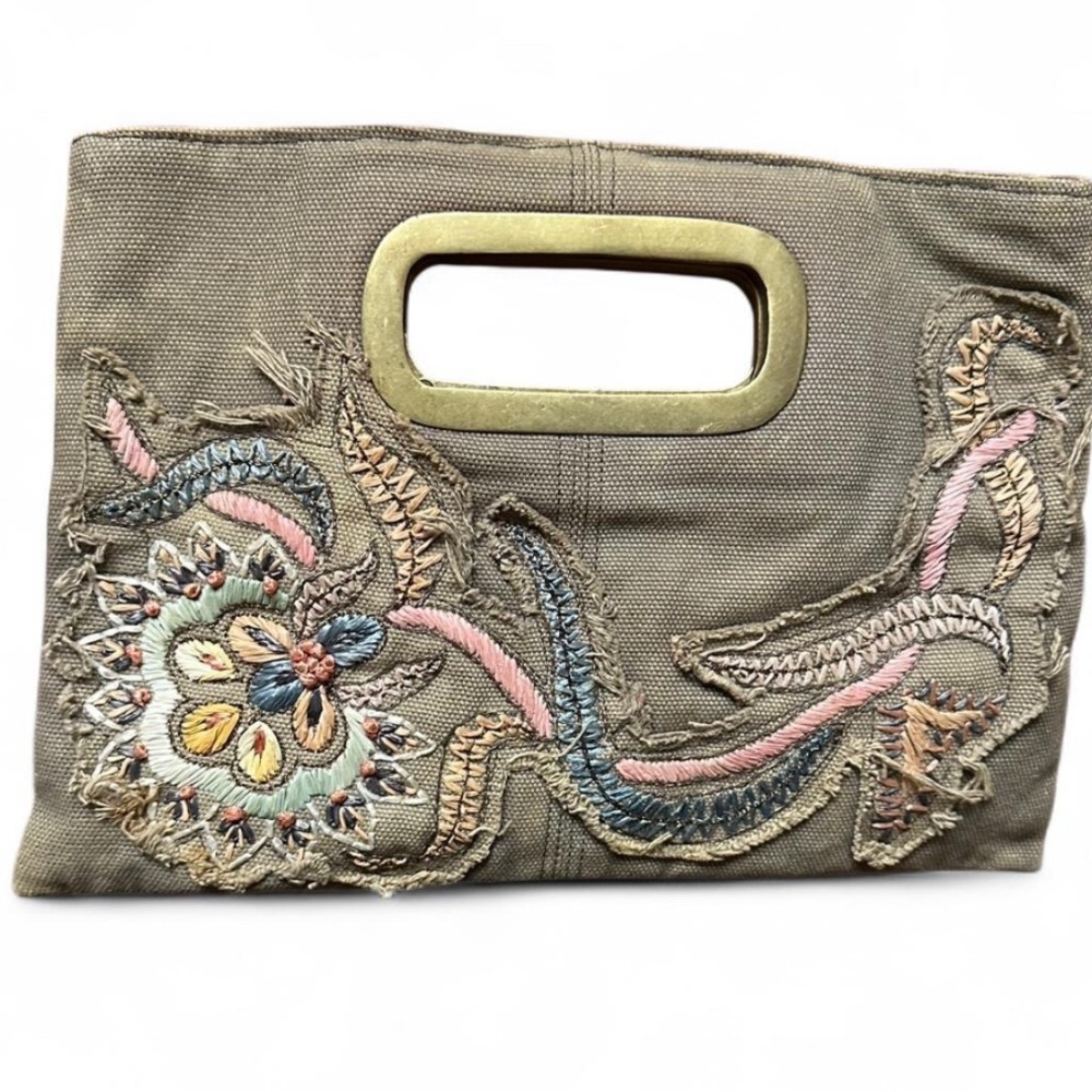 Ted Baker Embroidered Canvas Clutch with Antiqued gold Brass Handle